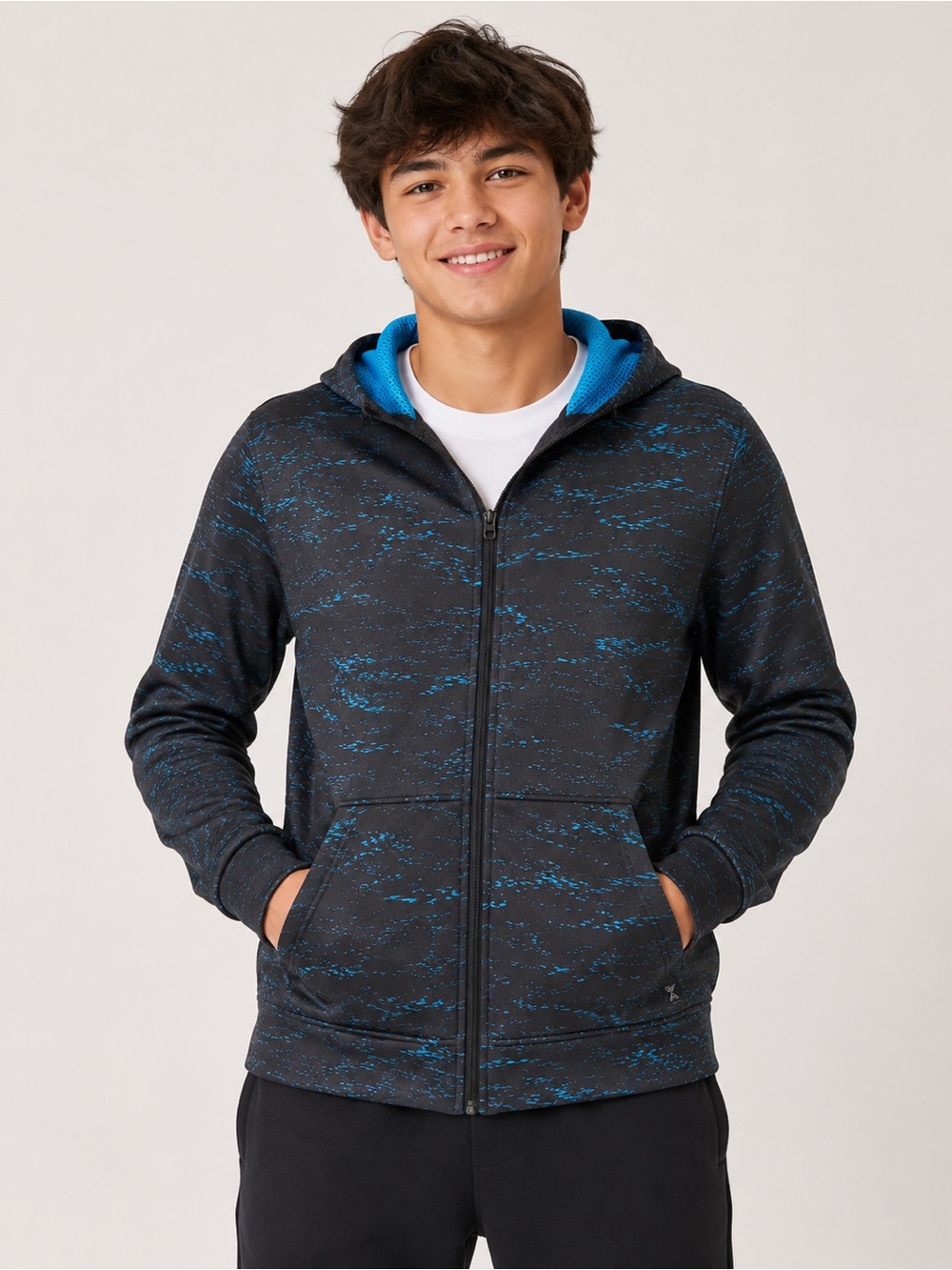New! Boys Black & Blue Patterned Zip Hoodie fleece lined
